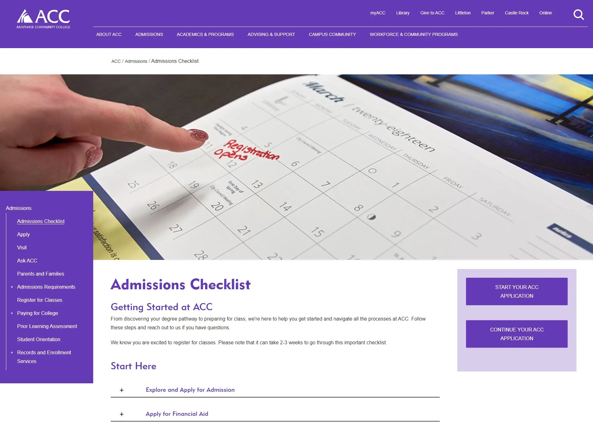 ACC admissions checklist with section navigation and buttons to start or continue an application