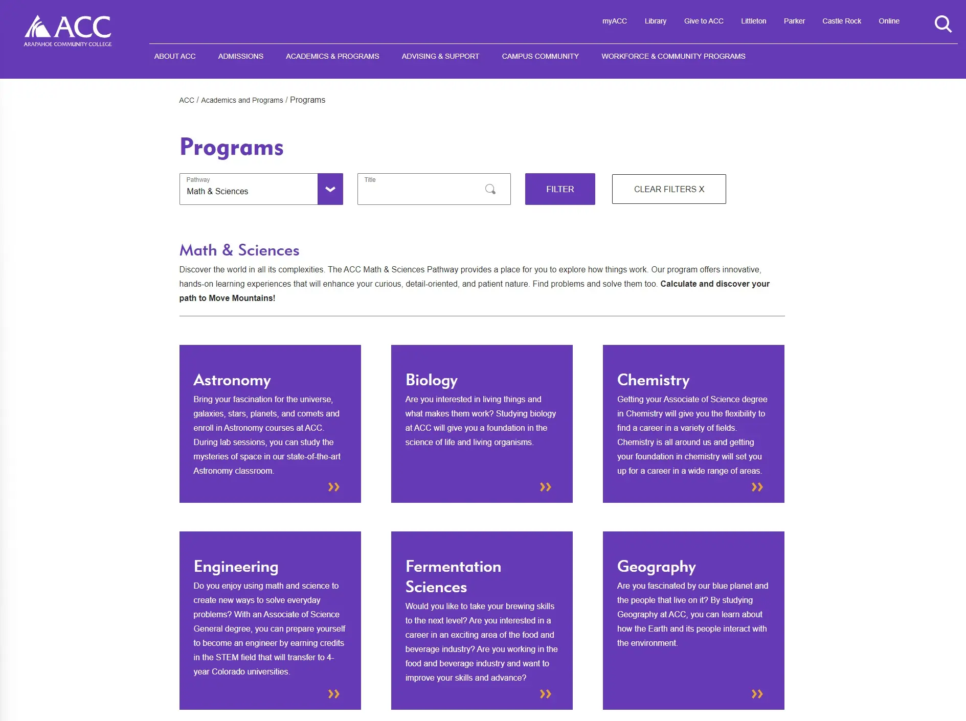 Arapahoe Community College program search filtered to the Math & Sciences pathway