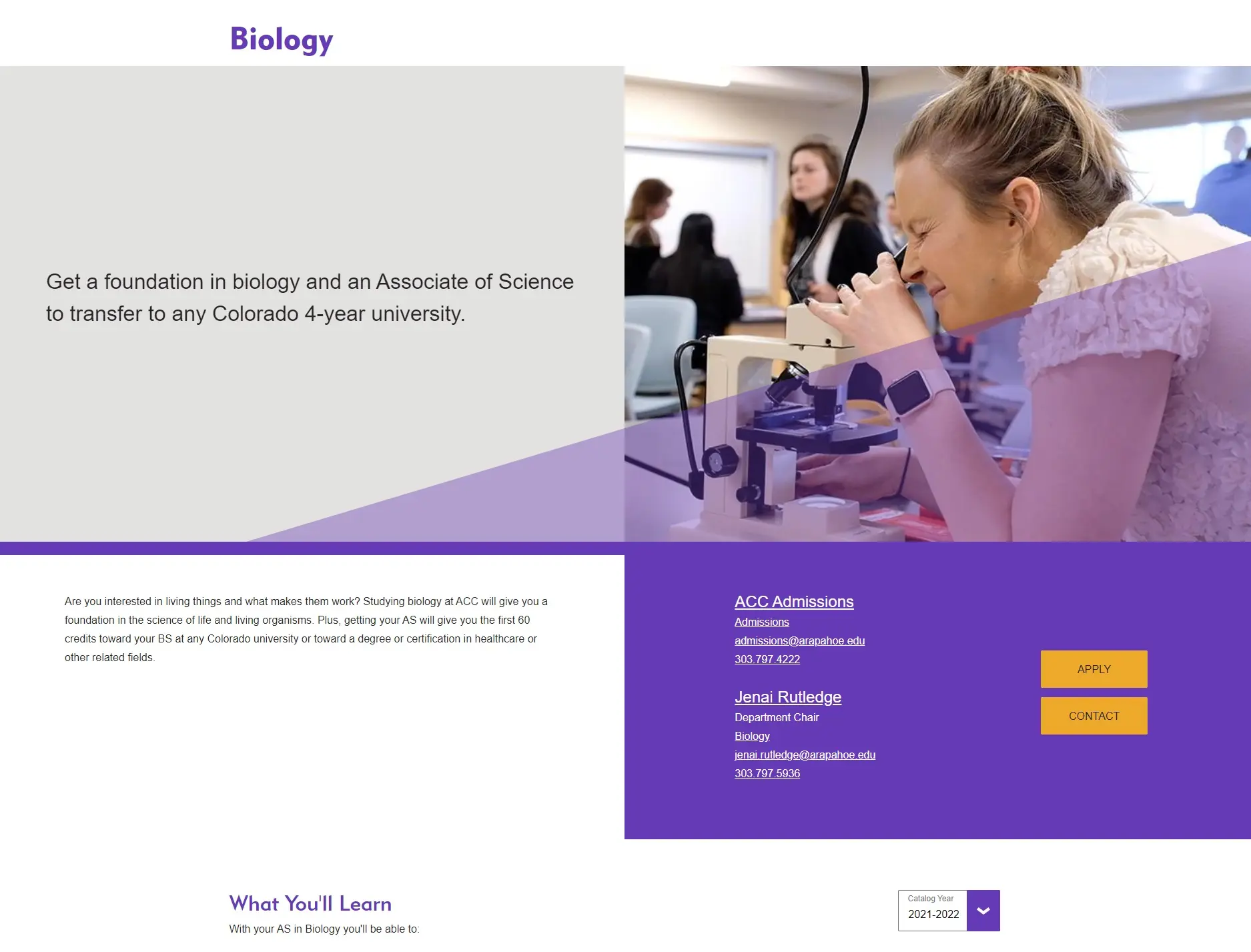 ACC Biology program page with transfer information, department contacts and apply buttons