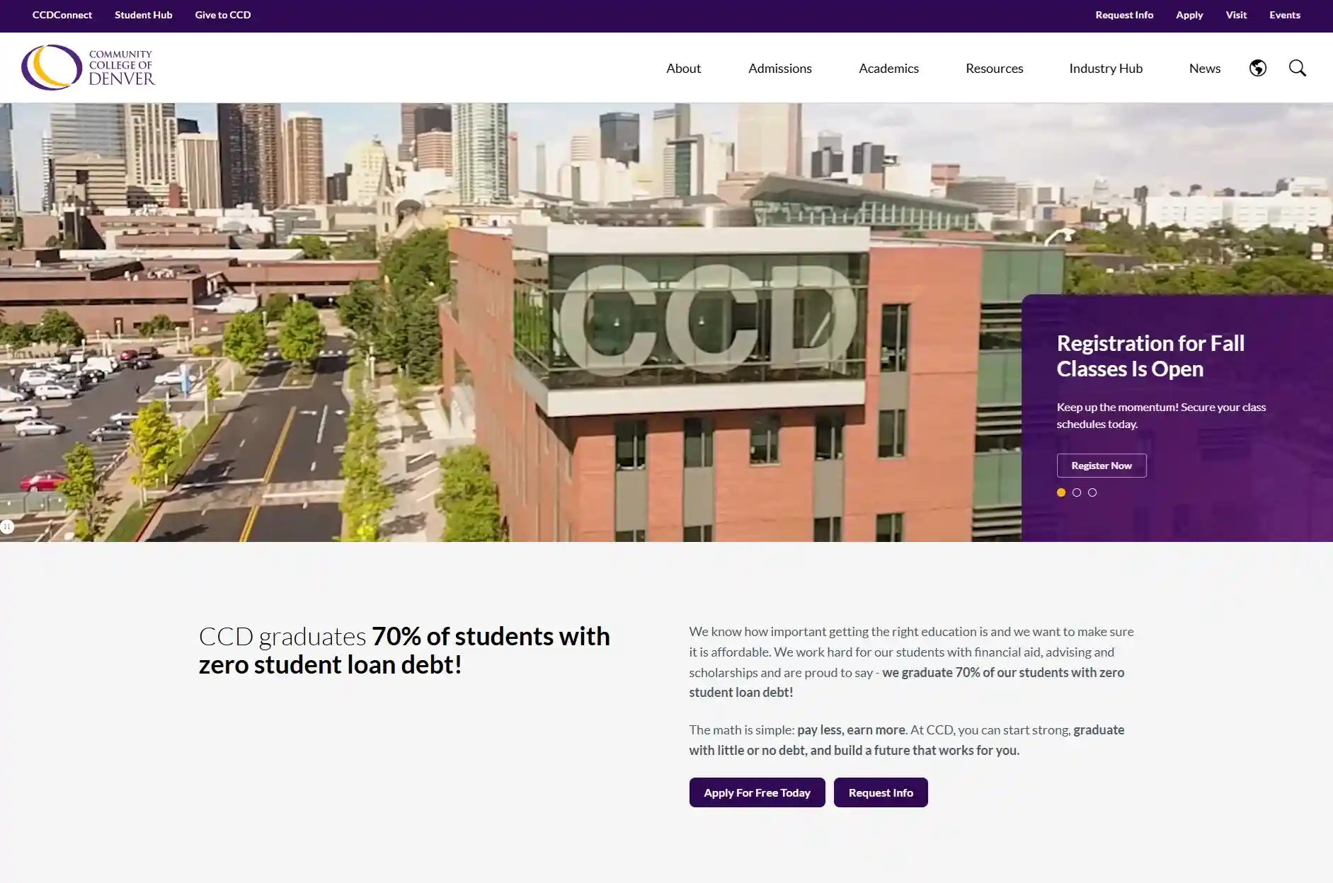 CCD homepage highlighting that 70% of its students graduate with zero student loan debt