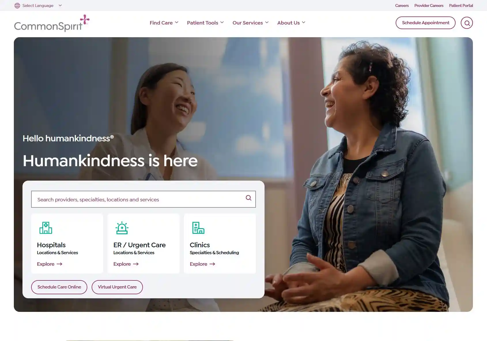CommonSpirit homepage search box with shortcuts to hospitals, ER and urgent care, and clinics