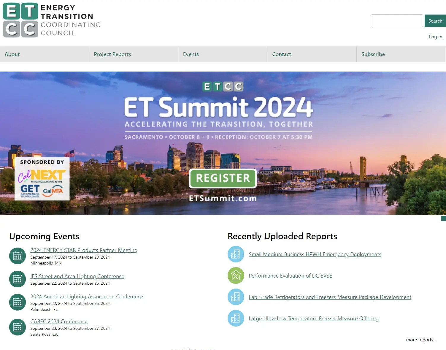 ETCC homepage listing upcoming industry events and recently uploaded project reports
