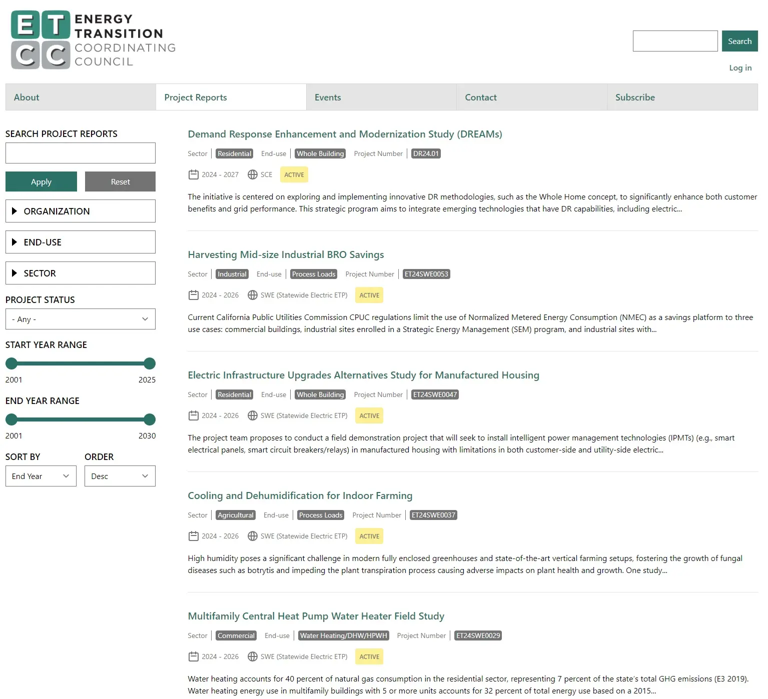 ETCC project report search with filters for organization, end use, sector, status and year range