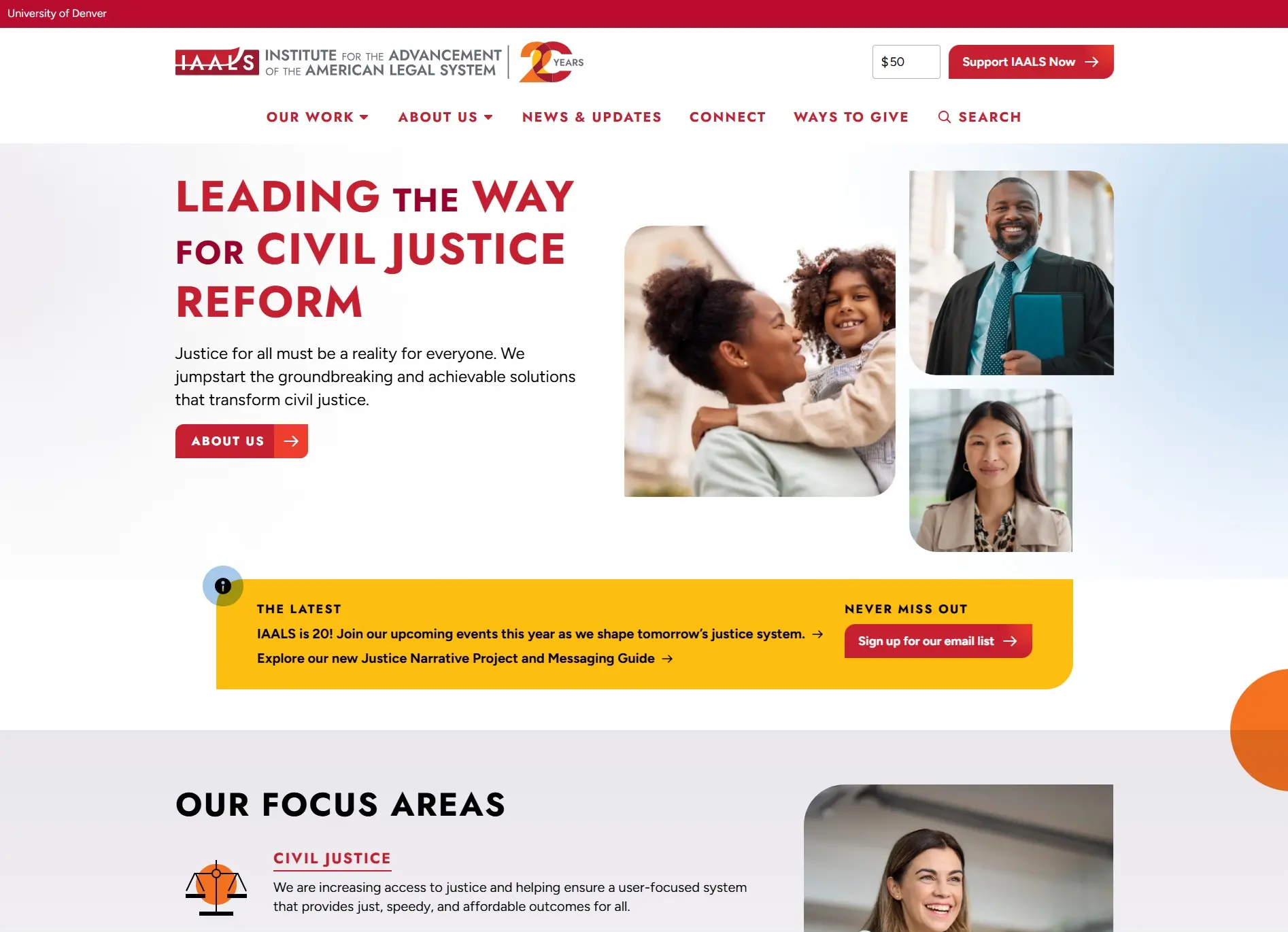 IAALS homepage with a donation prompt, the latest news and the institute's focus areas