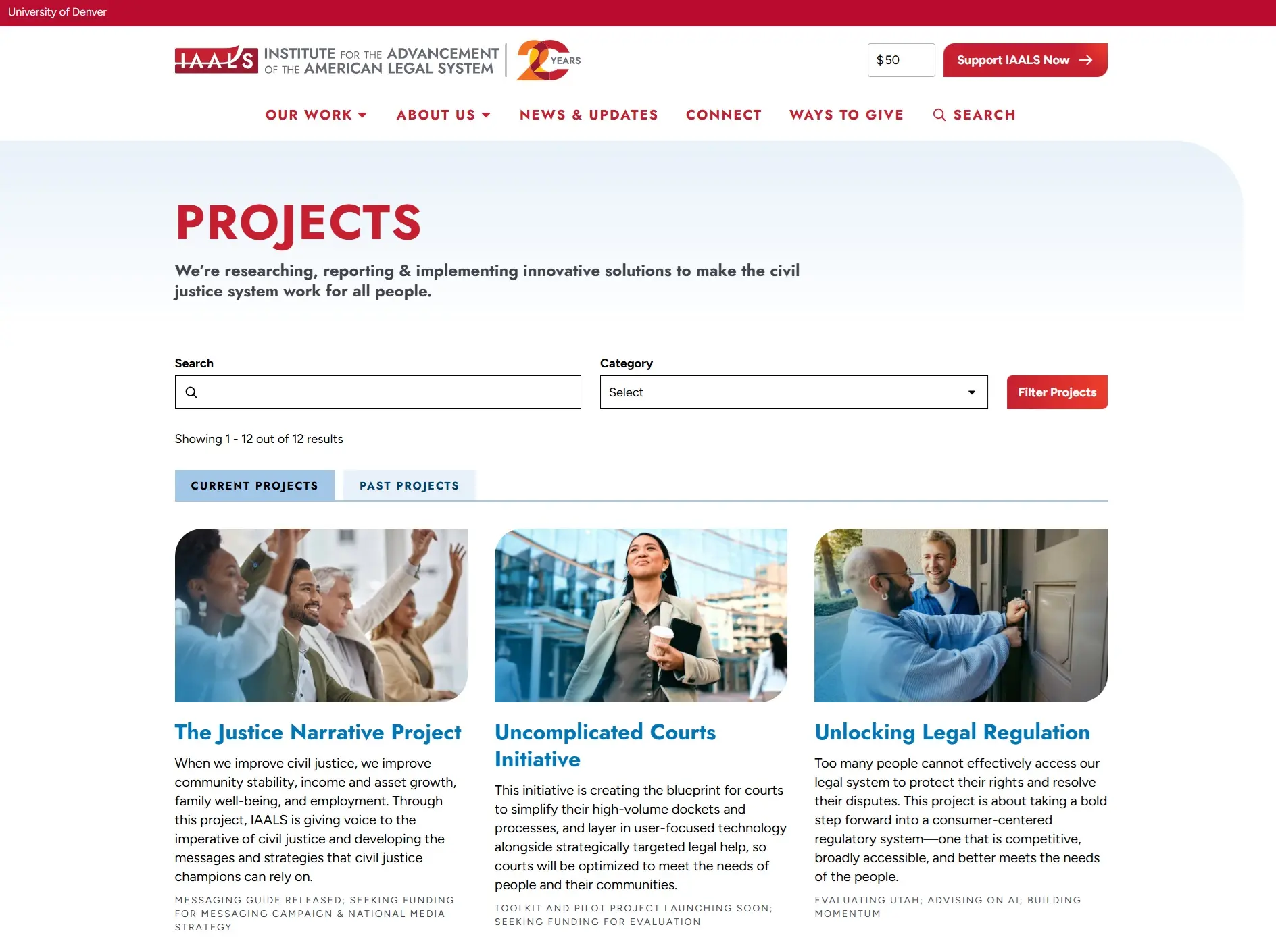 IAALS projects page with search, a category filter and tabs for current and past projects
