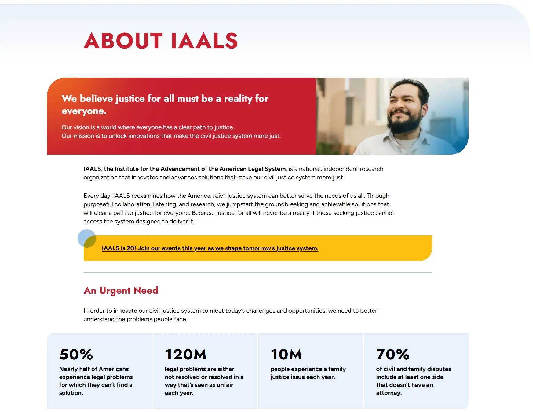 About IAALS page with the institute's mission and statistics on unmet civil legal needs