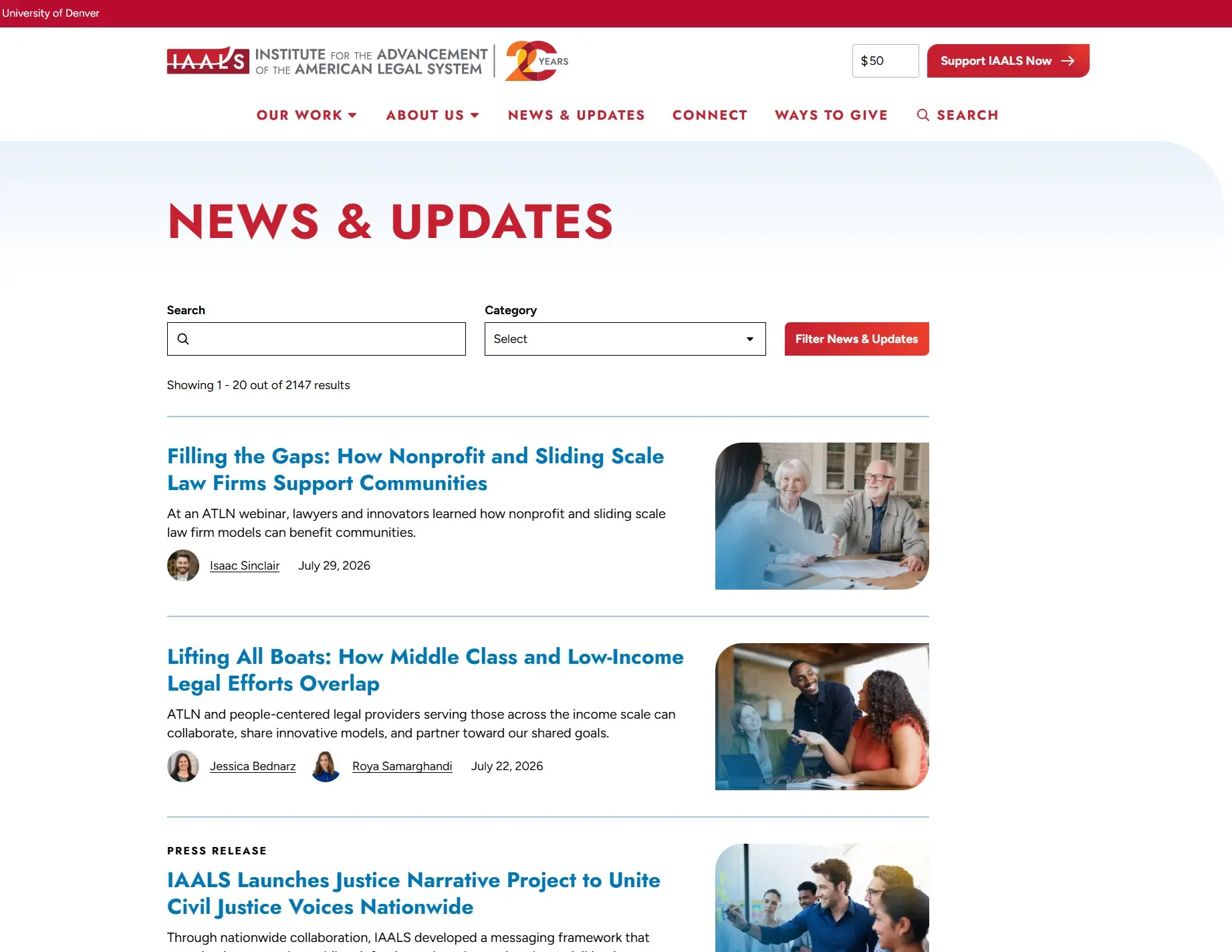 IAALS News & Updates listing with search and category filters