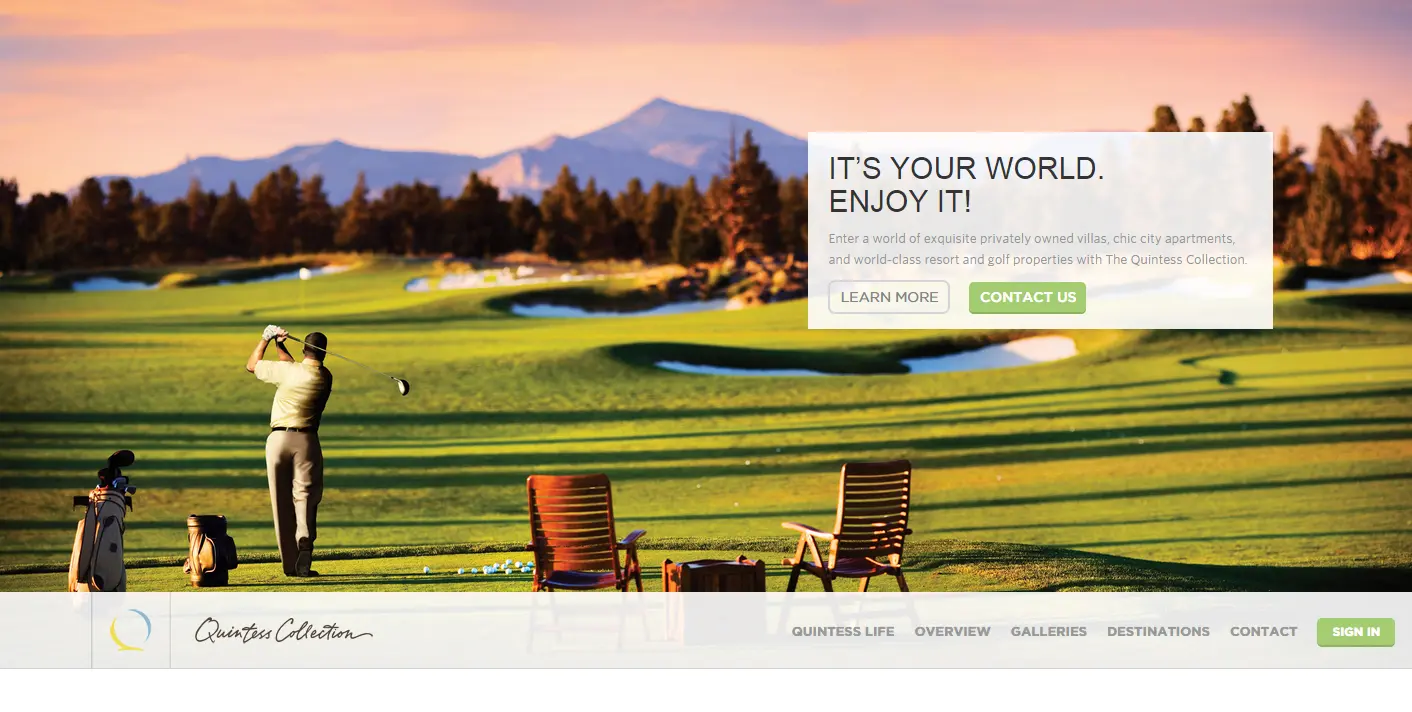 The Quintess Collection homepage with navigation to destinations, galleries and member sign-in