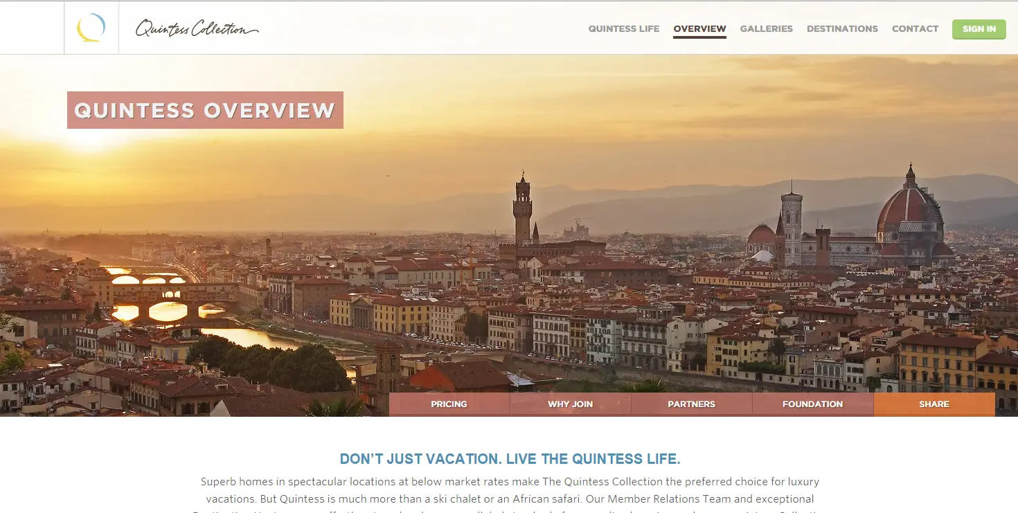Quintess overview page over a view of Florence, with links to pricing, partners and reasons to join