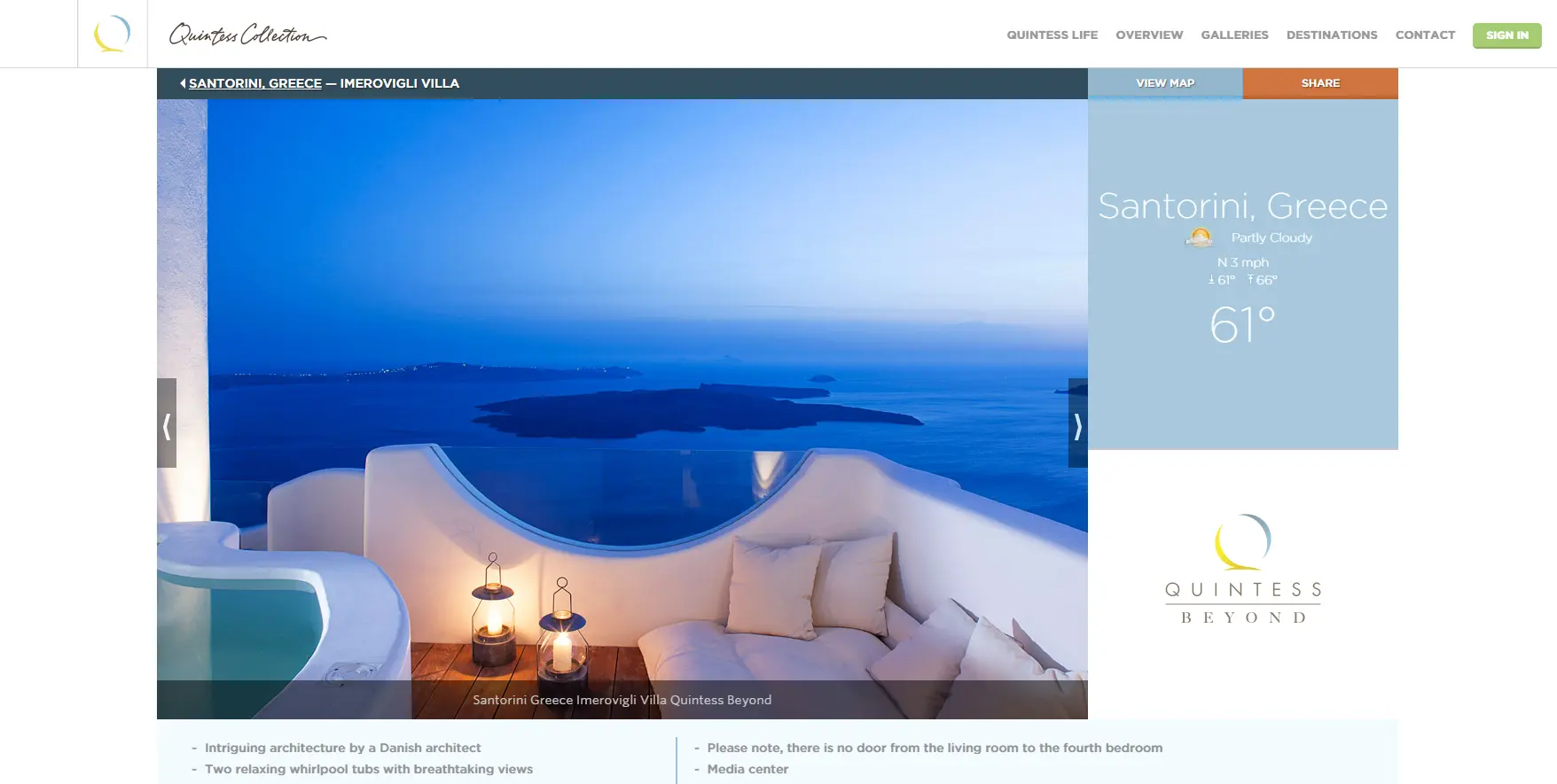 Quintess property page for a villa in Santorini, Greece, with a photo gallery, local weather and features