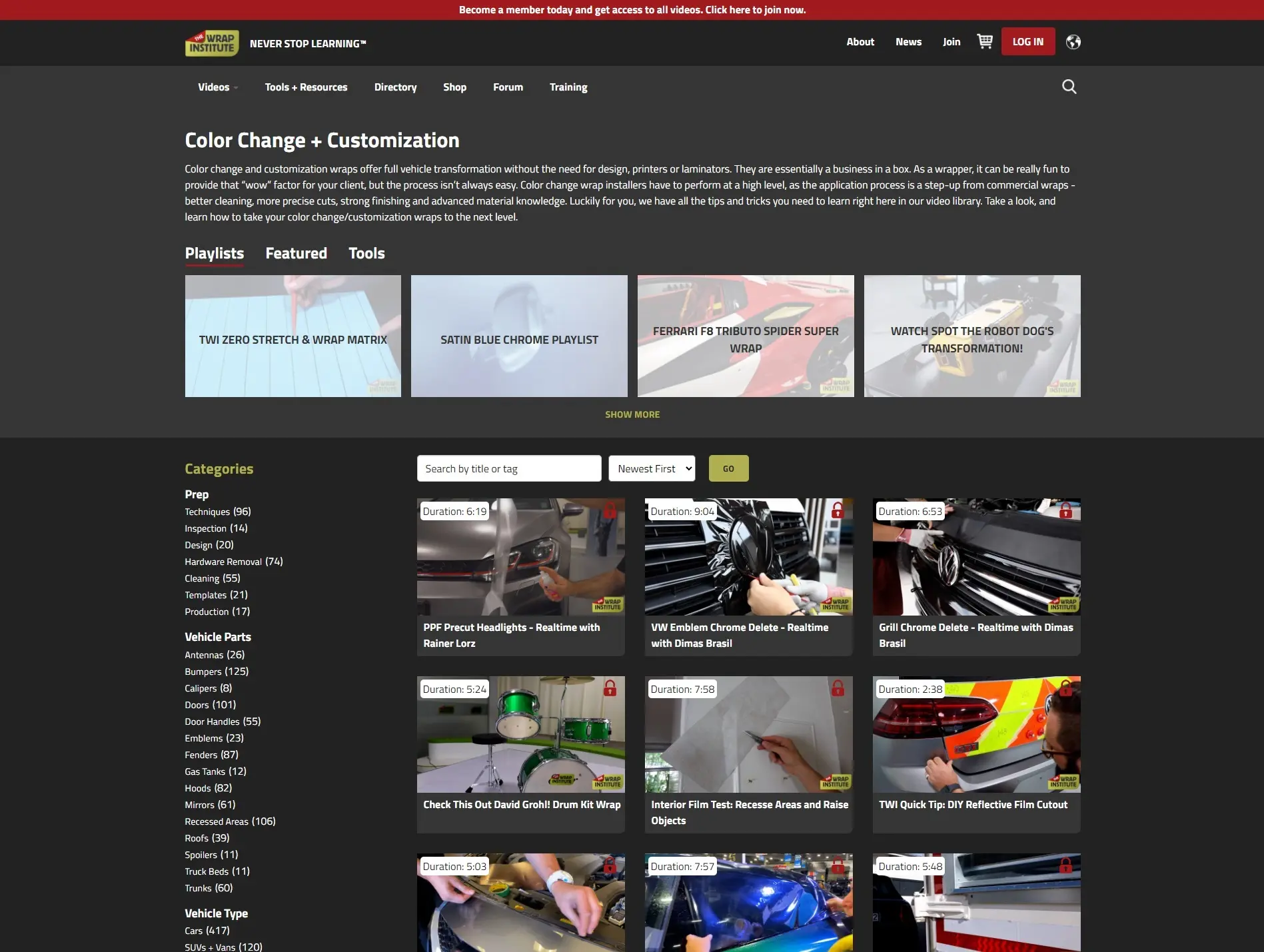 The Wrap Institute video library, browsable by category, with locked videos for members
