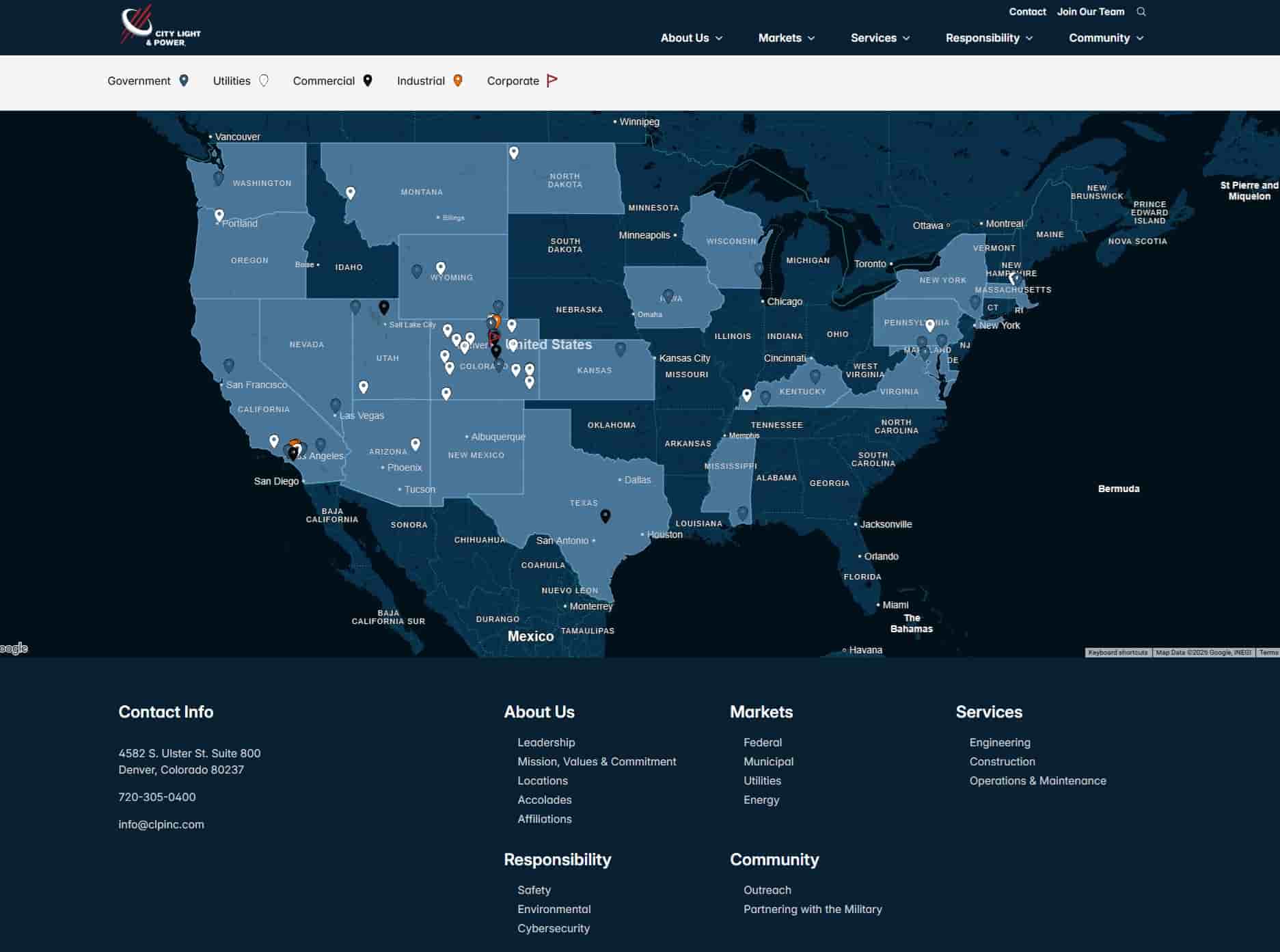City Light & Power interactive project locations map, filtered by market