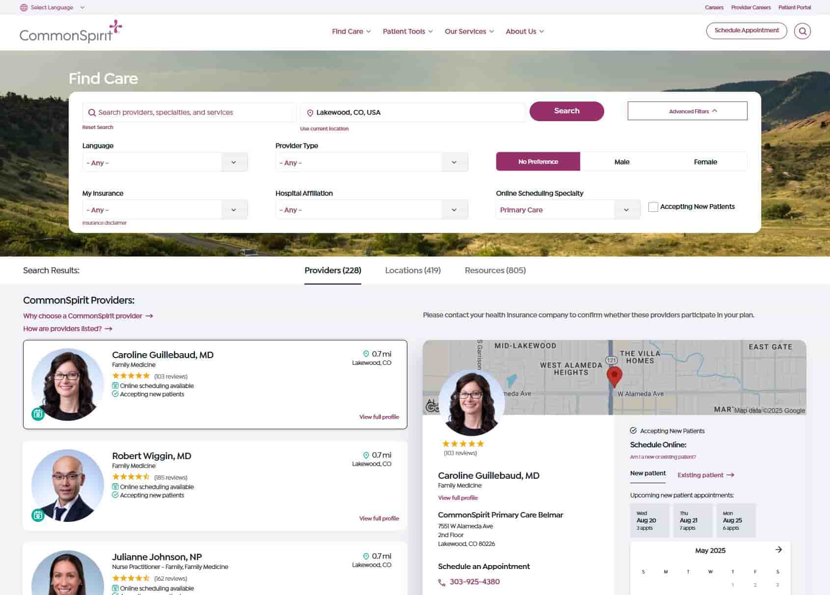 CommonSpirit providers search page